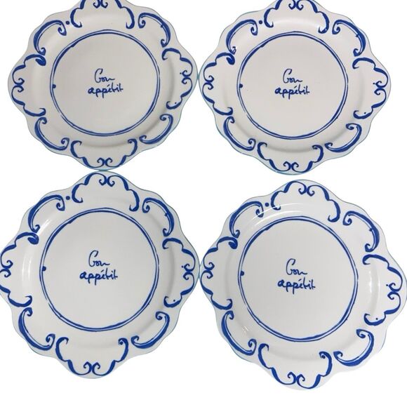 Anthropologie Bonjour “Bon Appétit” Dinner Plates – Set of 4 Blue & White 10.5” - Picture 1 of 4
